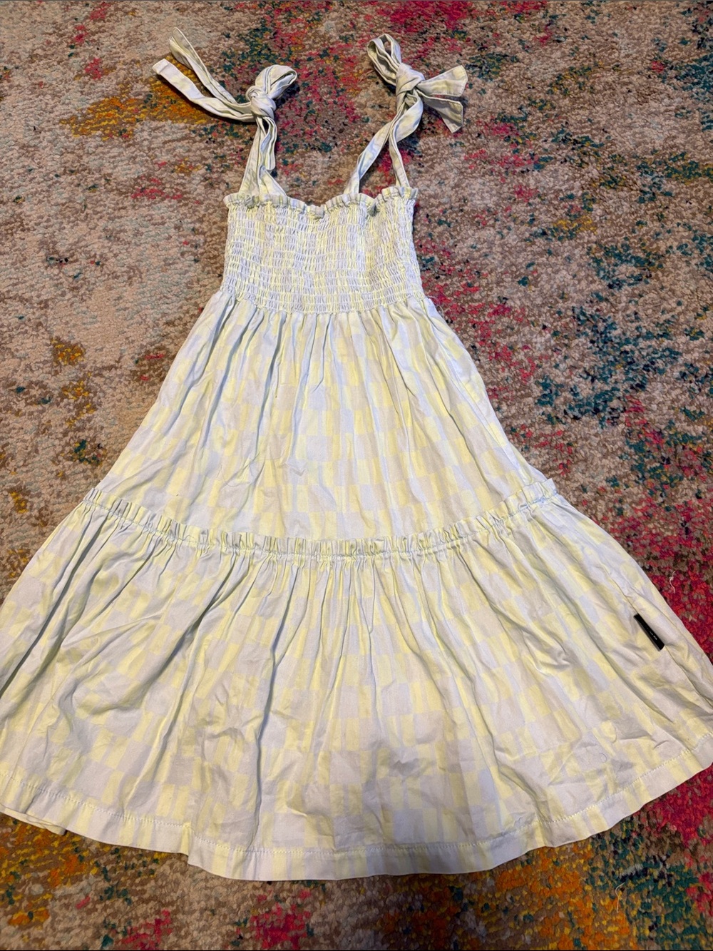 Smocked Tie-Shoulder Tiered Sundress in Pale Checker